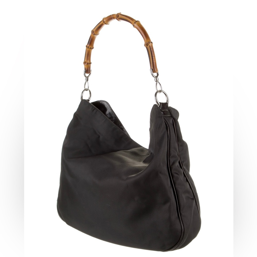 Gucci Authentic Black Nylon Bamboo Handle Shoulder Bag Handbag